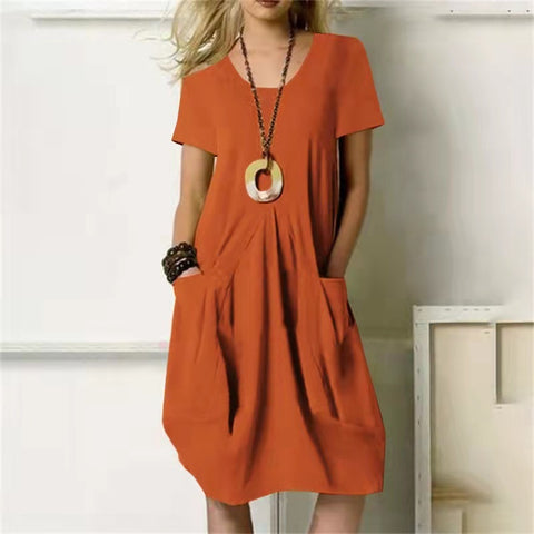 Cotton Linen Solid Color Loose Round Neck Short Sleeve Dress