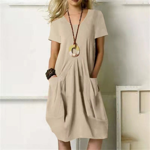 Cotton Linen Solid Color Loose Round Neck Short Sleeve Dress