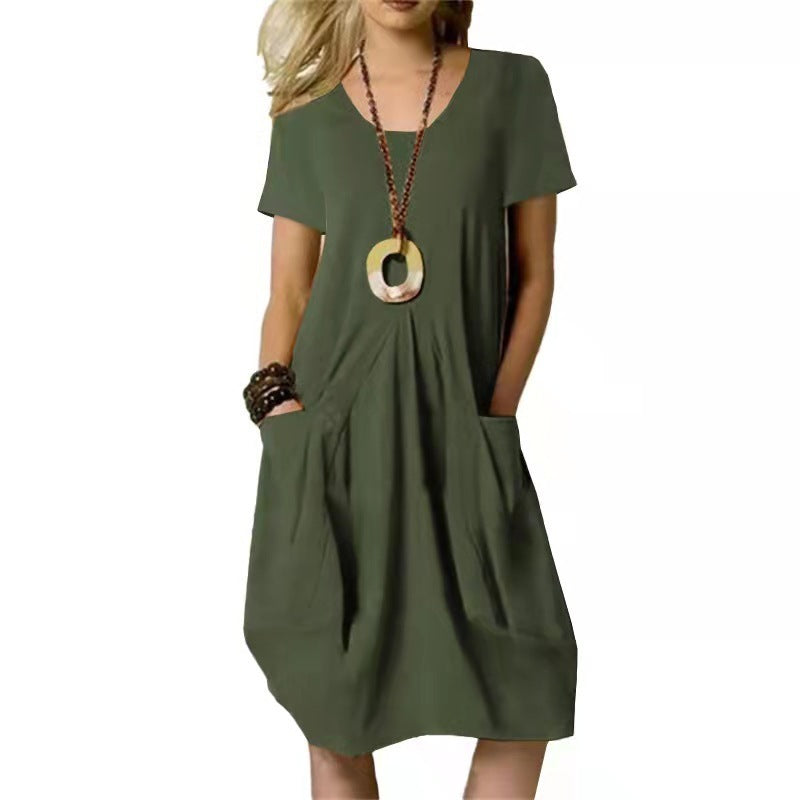 Cotton Linen Solid Color Loose Round Neck Short Sleeve Dress