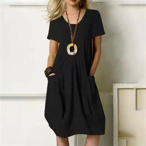 Cotton Linen Solid Color Loose Round Neck Short Sleeve Dress